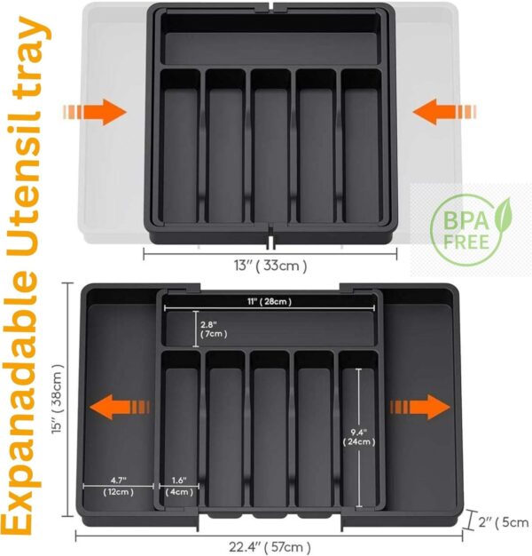 Expandable Utensil Kitchen Cabinet Tray | Flatware & Cutlery Rack | BPA Free & Size Adjustable | Storage For Spoon-Fork-Knives-Spatula Etc | Suitable For Home Kitchen Tableware & Devider