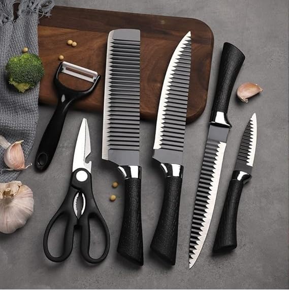 6 Pcs Kitchen Knife Set with Covers, High Carbon Stainless Steel Black Colour Coated Chef Knife I Utility Knife I Sontuku Knife I Bread Knife I Utility Knife (Black)