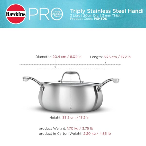 Hawkins 3L Pro Triply Stainless Steel Handi with Steel Handles and Steel Lid, Silver (PSH30S)