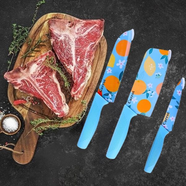 Knife Set for Kitchen Professional 3 Pieces High Carbon Stainless Steel Colour Printed Coated Chef Knife I Utility Knife I Kitchen Knives with Ergonomic Handle-Blue