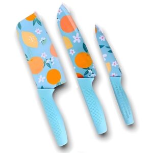 Kitchen Knife Stainless Steel 3 Pieces Professional Knife Set with Color Printing and Non-Slip Handle for Meat Vegetable and Fruit Chef Knife Utility Knife and Paring Knife Set for Home Cooking