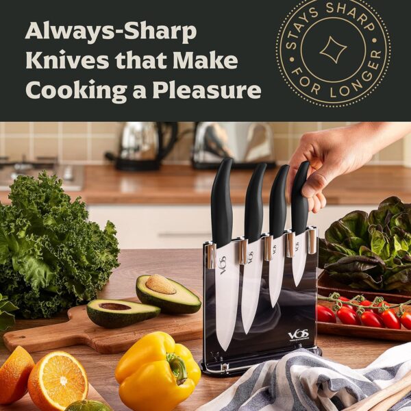 Vos Ceramic Knife Set with Block, Ceramic Knives Set For Kitchen, Ultra Sharp Kitchen Knife Set with Covers, 3" 4" 5" 6" Chef Knife, Utility, Paring & Versatile, Lightweight, Dishwasher safe (Black)