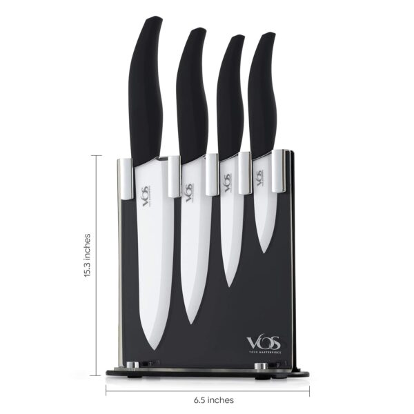 Vos Ceramic Knife Set with Block, Ceramic Knives Set For Kitchen, Ultra Sharp Kitchen Knife Set with Covers, 3" 4" 5" 6" Chef Knife, Utility, Paring & Versatile, Lightweight, Dishwasher safe (Black)
