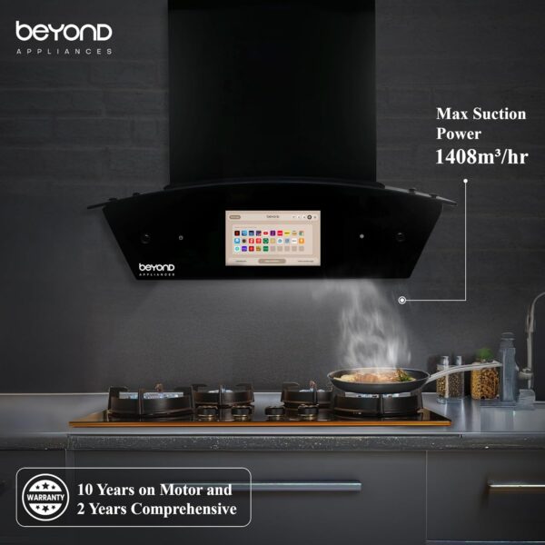 Beyond Appliances Asteria 60cm Auto Clean Kitchen Chimney | 1408 CMH Suction | Filterless | Curved Glass | Smart Screen & Speakers | Touch Control | Black Finish