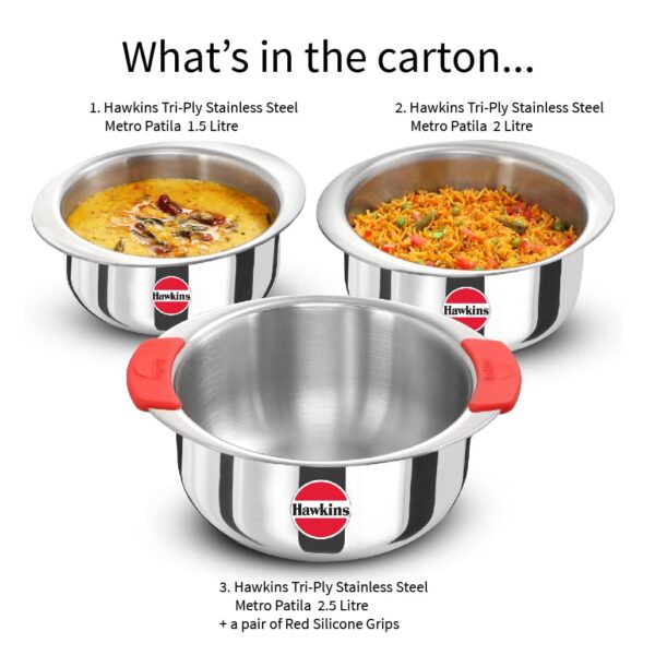 Hawkins 3-Piece Triply Stainless Steel Gift Set | Induction Safe | Stackable Design | Elliptical Rim for Better Grip & Handling | Silver (23SGP)|Induction and Gas Stove Compatible