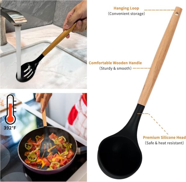 Umite Chef Silicone Kitchen Utensils Set 12 Pcs with Wooden Handles | Heat Resistant Non Stick Cooking Tools Set | Spatula Ladle Whisk Tongs Brush Kitchen Accessories Set - Black