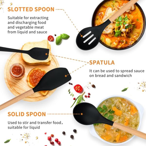 Umite Chef Silicone Kitchen Utensils Set 12 Pcs with Wooden Handles | Heat Resistant Non Stick Cooking Tools Set | Spatula Ladle Whisk Tongs Brush Kitchen Accessories Set - Black