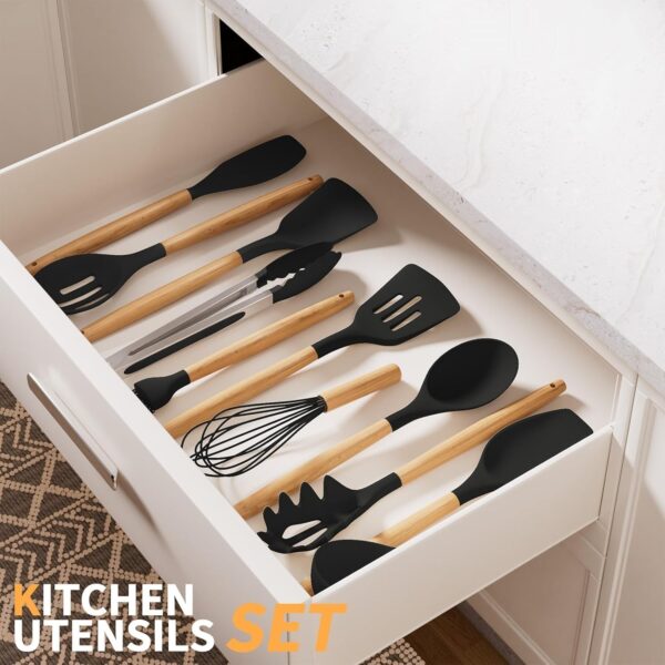 Umite Chef Silicone Kitchen Utensils Set 12 Pcs with Wooden Handles | Heat Resistant Non Stick Cooking Tools Set | Spatula Ladle Whisk Tongs Brush Kitchen Accessories Set - Black
