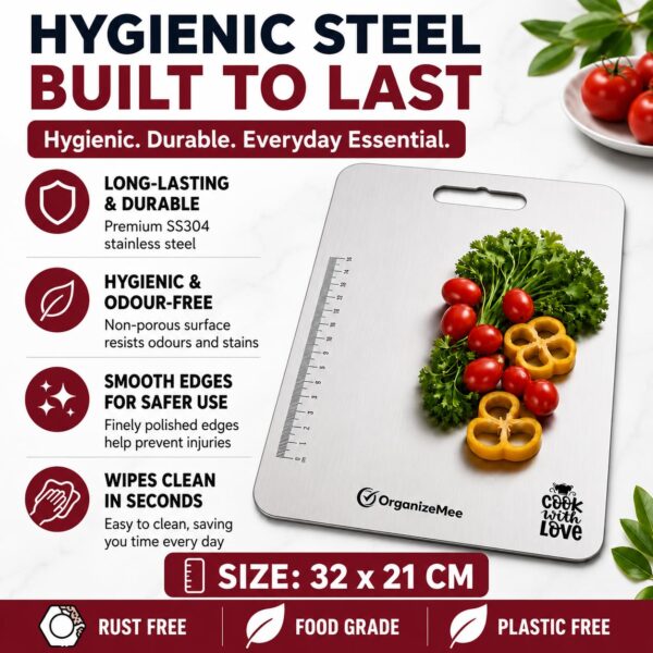 OrganizeMee Stainless Steel Chopping Board for Kitchen Heavy-Duty Cutting Board for Vegetables, Fruits Cutter, Meats, vegitable Chopper Boards, Premium Metal Chopping Board (Medium)(31.8CM X 21CM)