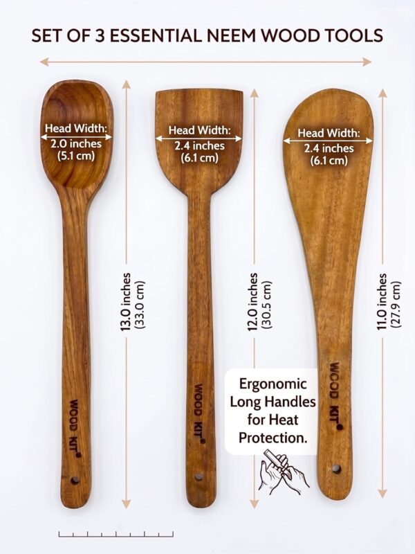 Neem Wood Spoons for Cooking, 3-Piece Set - Handcrafted Wooden Kitchen Utensil Set for Non-Stick Cookware | Serving Spoon, Wide Flipper & Narrow Spatula | Heat Resistant & Eco-Friendly