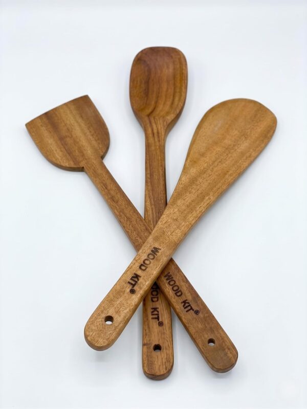 Neem Wood Spoons for Cooking, 3-Piece Set - Handcrafted Wooden Kitchen Utensil Set for Non-Stick Cookware | Serving Spoon, Wide Flipper & Narrow Spatula | Heat Resistant & Eco-Friendly