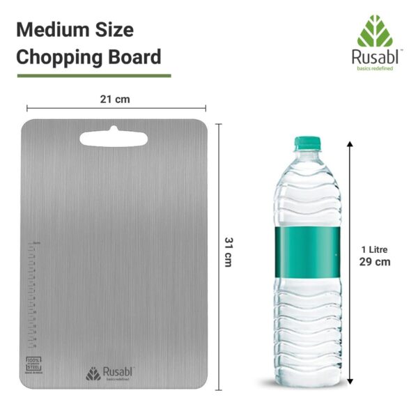 Rusabl Premium Food Grade Stainless Steel Chopping Board for Kitchen (Rectangular, 31 x 21 cm, Medium), BIS Certified, Anti-Rust, Non-Slip Cutting Board for Slicing Fruits, Vegetables, Kneading Board