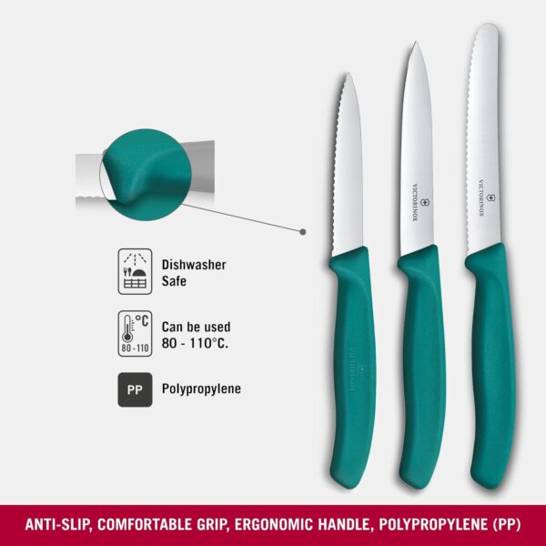 Victorinox Swiss Made Swiss Classic Paring Stainless Steel Kitchen Knife Set (3 Pcs) Straight Edge 10 cm and Wavy Edge 10,11 cm Knives Green | 6.7114.34C1