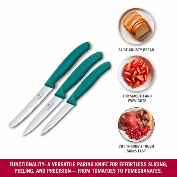 Victorinox Swiss Made Swiss Classic Paring Stainless Steel Kitchen Knife Set (3 Pcs) Straight Edge 10 cm and Wavy Edge 10,11 cm Knives Green | 6.7114.34C1