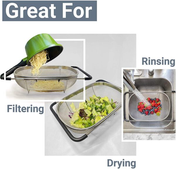 Stainless Steel Expandable Kitchen Sink Drainer – Adjustable Over the Sink Colander & Vegetable Washer Basket – Multi-Purpose Fruit,Rice & Dish Drying Rack for Kitchen Organization (Silver)