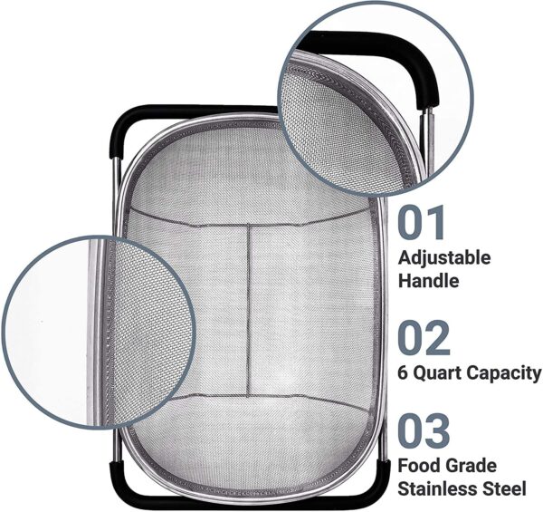 Stainless Steel Expandable Kitchen Sink Drainer – Adjustable Over the Sink Colander & Vegetable Washer Basket – Multi-Purpose Fruit,Rice & Dish Drying Rack for Kitchen Organization (Silver)