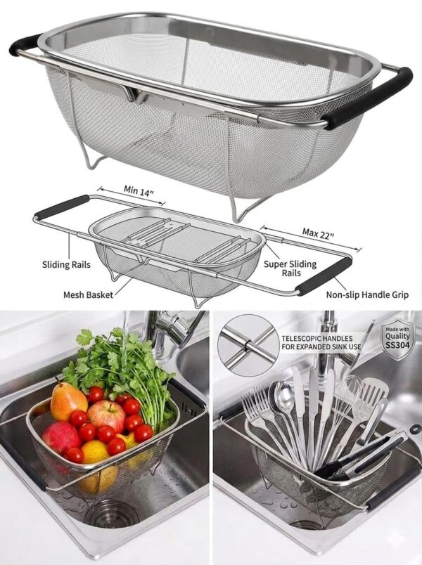 Stainless Steel Expandable Kitchen Sink Drainer – Adjustable Over the Sink Colander & Vegetable Washer Basket – Multi-Purpose Fruit,Rice & Dish Drying Rack for Kitchen Organization (Silver)