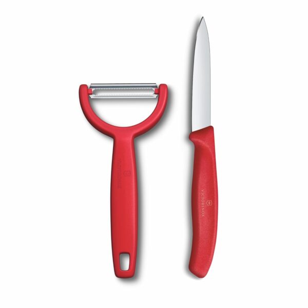 Victorinox Swiss Made Stainless Steel Swiss Classic Paring Knife Kitchen Knife 8 cm Straight Edge with Y-Peeler Set (2 Pcs) Red | 6.7111.22C1