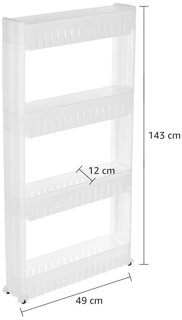 Amazon Brand - Solimo Plastic Rolling Storage Rack | 4-Tiered Shelf Slide-Out Organizer | for Kitchen, Bathroom, Pantry & Utility Storage| Space-Saving | Floor Standing Multipurpose Shelf | White