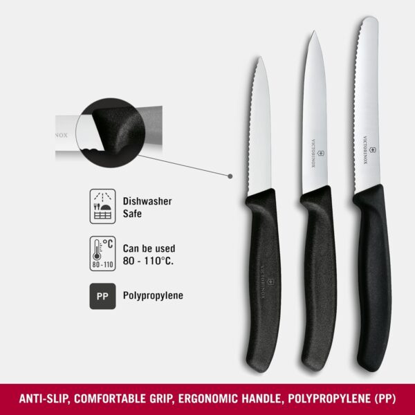 Victorinox Swiss Made Stainless Steel Swiss Classic Paring Knife Kitchen Knife Set (3 Pcs) Straight Edge 10 cm and Wavy Edge 10,11 cm Knives Black | 6.7113.34