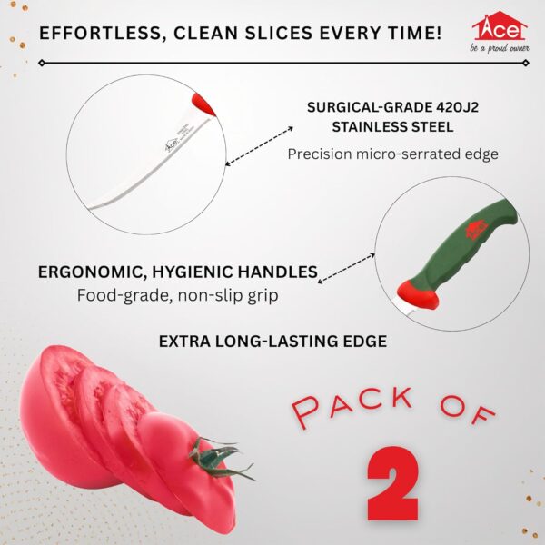 Tomato Knife Set – 2-Pack Serrated Tomato Slicer | 420J2 Surgical Stainless Steel, 54–55 HRC | Long-Lasting Edge, Multicolor Hygienic Ergonomic Handles | Perfect for Tomatoes, Fruits & Soft Vegetables