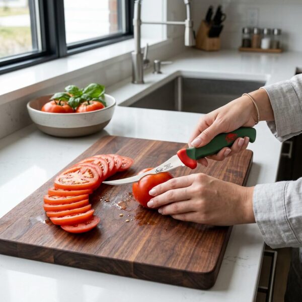 Tomato Knife Set – 2-Pack Serrated Tomato Slicer | 420J2 Surgical Stainless Steel, 54–55 HRC | Long-Lasting Edge, Multicolor Hygienic Ergonomic Handles | Perfect for Tomatoes, Fruits & Soft Vegetables