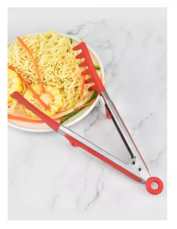 Set of 3 Stainless Steel Food Tongs with Silicone Tips, 3 Types Heavy Duty Non-Stick Clamp Clip for Kitchen BBQ Cooking Grilling Buffet Noodles Salad Steak (RED)