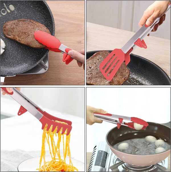 Set of 3 Stainless Steel Food Tongs with Silicone Tips, 3 Types Heavy Duty Non-Stick Clamp Clip for Kitchen BBQ Cooking Grilling Buffet Noodles Salad Steak (RED)