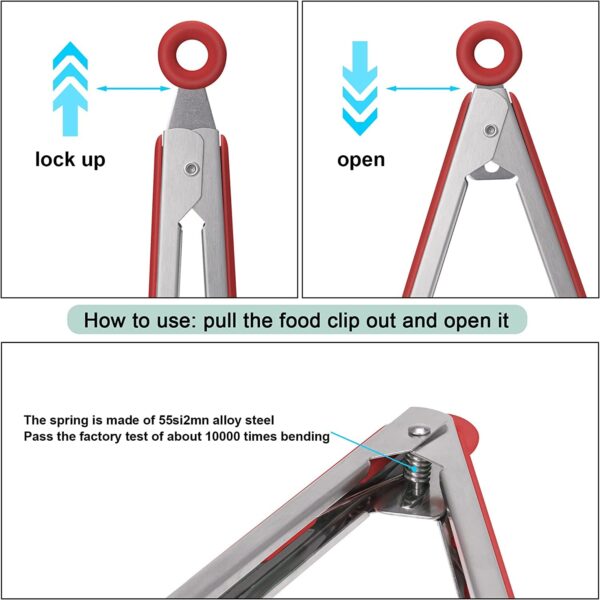 Set of 3 Stainless Steel Food Tongs with Silicone Tips, 3 Types Heavy Duty Non-Stick Clamp Clip for Kitchen BBQ Cooking Grilling Buffet Noodles Salad Steak (RED)