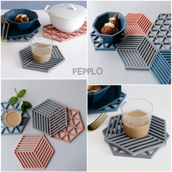 pepplo Trivet Mats,6 Pack Silicone Table Mats Heat Resistant Hot Pans Non-Slip Pot Holders Placemat for Bowl Dishes Kitchen Cooking Dining - Triangle & Line Mix