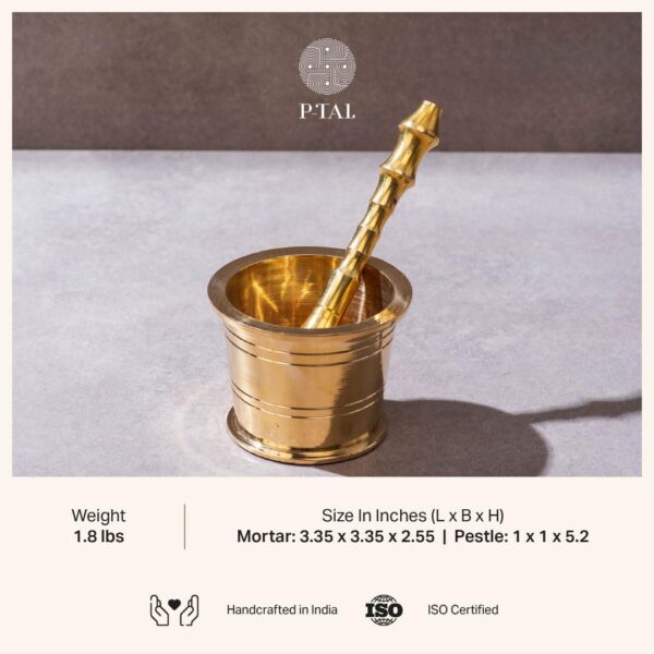 P-TAL Brass Mortar and Pestle Set 100% Pure Brass Okhli Imam Dasta for your Kitchen Spices Ptal Utensils