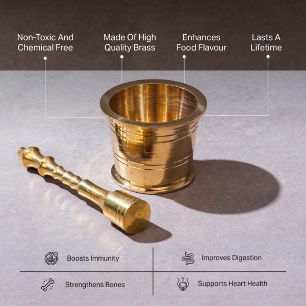 P-TAL Brass Mortar and Pestle Set 100% Pure Brass Okhli Imam Dasta for your Kitchen Spices Ptal Utensils