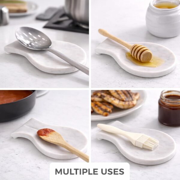 Spoon Rest Handmade Marble Big White Spatula Ladle Fork Utensil Rest - Spoon Rests Keeper Kitchen Organizer - Chef Cooking Helper Tool Countertop Spoon Holder