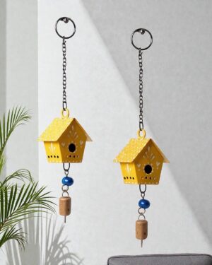 2 Pc Hut Wall Hanging Decor | Garden Tree Hanging Bells Decoration | Handpainted Hanging Ornaments for Home Living Room Wind Chime (Yellow)