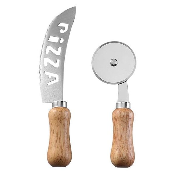 2 Pcs Pizza Cutter Set Stainless Steel Rocker Knife & 2 Pcs Pizza Cutter Set Stainless Steel Rocker Knife & Cheese Cutter Wheel with Wooden Handle Easy Slice Pizza Slicer Kitchen Tool Set
