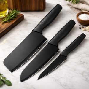 3 Piece Kitchen Knife Set – Chef Knife, Cleaver & 3 Piece Kitchen Knife Set – Chef Knife, Cleaver & Utility Knife with Blade Covers – Non-Stick Black Stainless Steel Knives for Home & Professional Cooking