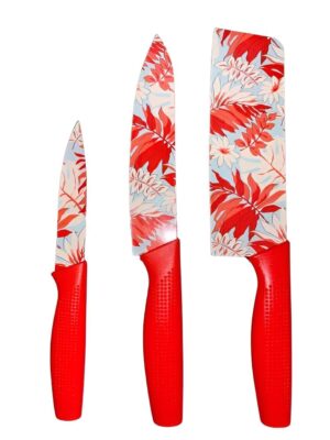 3-Piece Stainless Steel Chef Knife Set Sharp Knives with Comfortable Ergonomic Handles for Home & Professional Kitchen (Red)