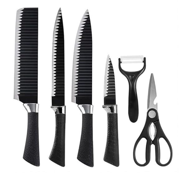 6 Pcs Kitchen Knife Set with Covers, High Carbon Stainless Steel Black Colour Coated Chef Knife I Utility Knife I Sontuku Knife I Bread Knife I Utility Knife (Black)