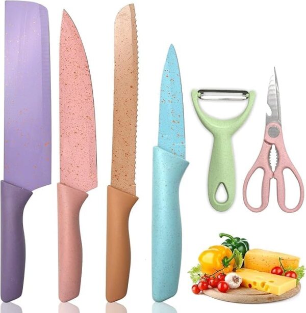 6 - Piece Colorful Kitchen Knife Set | High-Carbon Stainless Steel | Includes Scissors & Peeler | Chef’s Knife, Slicer, Meat Knife & More (Multicolor)