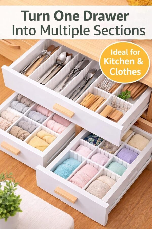 6 pcs Adjustable Drawer Divider (30 C.M. Length- 7 C.M. Width) Drawer Organizer for Kitchen, Cutlery, Clothes & Storage Drawers - Interlocking Plastic Separators for Home and Office use [ white ]