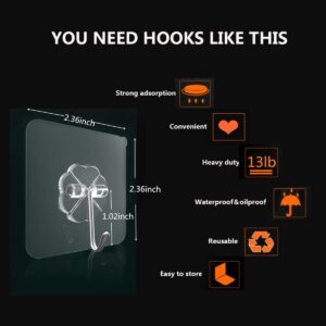 Adhesive Hooks 13.2LB(Max) Heavy Duty Self Adhesive Hooks Transparent Waterproof and Oilproof Wall Hooks for Kitchen Bathroom Shower Door Outdoor Home Improvement Utility Hook 10 Pack