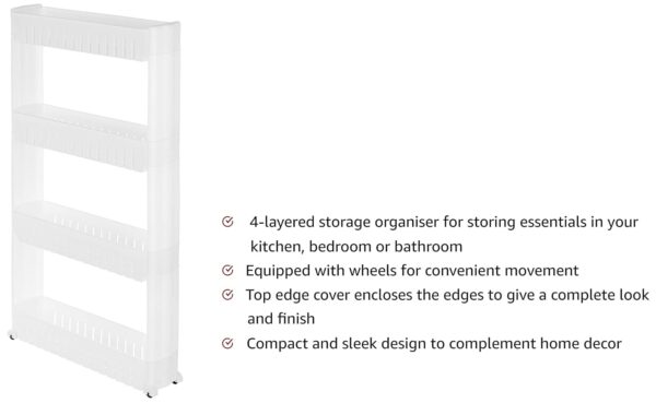 Amazon Brand - Solimo Plastic Rolling Storage Rack | 4-Tiered Shelf Slide-Out Organizer | for Kitchen, Bathroom, Pantry & Utility Storage| Space-Saving | Floor Standing Multipurpose Shelf | White
