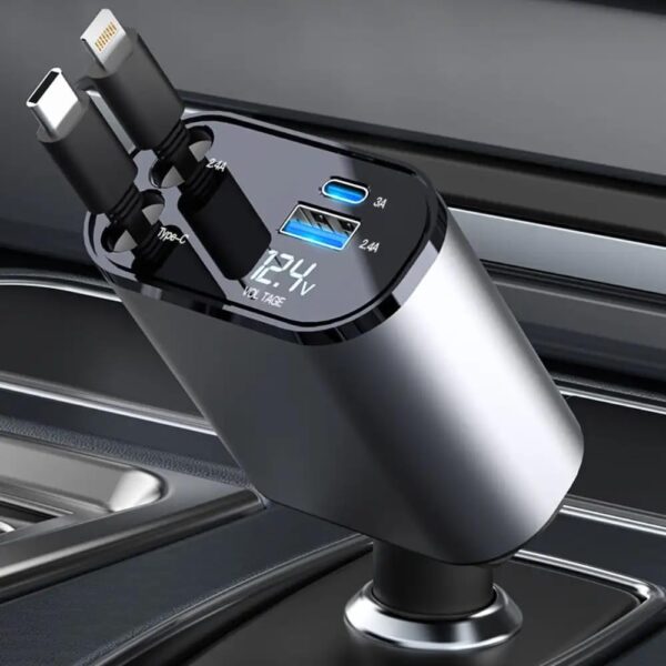 Authentic US Approved Premium Retractable Car Charger, 120W 4 in 1 Super Fast Car Charger for iPhone 16/15/14/13 and Type C with Retractable Cables (31.5 inch) and 2 USB Ports with Premium Safety