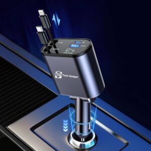 Authentic US Approved Premium Retractable Car Charger, 120W 4 in 1 Super Fast Car Charger for iPhone 16/15/14/13 and Type C with Retractable Cables (31.5 inch) and 2 USB Ports with Premium Safety