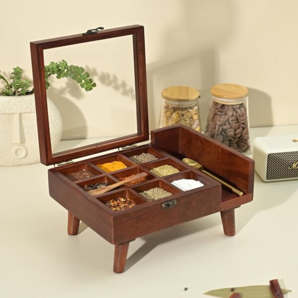 BRICK BROWN ® Premium Handcrafted Crafted 9-Compartment Wooden Table Top BRICK BROWN ® Premium Handcrafted Crafted 9-Compartment Wooden Table Top Masala Dabba Containers Jars & Kitchen Spice Box with Spoon Masala Box with Legs For Kitchen - 10.7x8x4.6 Inches