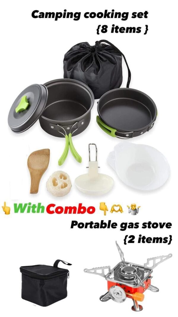 BYRM Camping Cookware Mess Kit with Gas Stove for Backpacking Gear – Camping Cooking Set - Camping Pots and Pans Set - Backpacking Stove/Portable Stove Compatible - Camp Kitchen Equipment