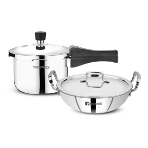 Bergner Tripro 3 Pcs Triply Cookware Set of 3L Outer Bergner Tripro 3 Pcs Triply Cookware Set of 3L Outer Lid Pressure Cooker and 24cm (3L) Kadai with Lid, Less Oil Use, Healthy Cooking, Even and Faster Heating, Triply Set, Induction and Gas Stove Ready