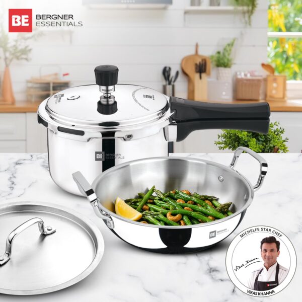 Bergner Tripro 3 Pcs Triply Cookware Set of 3L Outer Lid Pressure Cooker and 24cm (3L) Kadai with Lid, Less Oil Use, Healthy Cooking, Even and Faster Heating, Triply Set, Induction and Gas Stove Ready