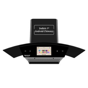 Beyond Appliances Asteria 90cm Auto Clean Kitchen Chimney | 1408 CMH Suction | Filterless | Curved Glass | Smart Screen & Speakers | Touch Control | Black Finish