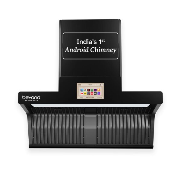 Beyond Appliances Orion 90cm Auto Clean Kitchen Chimney | 1600 CMH Suction | Filterless | Smart Touchscreen Display & Speaker | Baffle Plates | Touch Control | Black Finish.